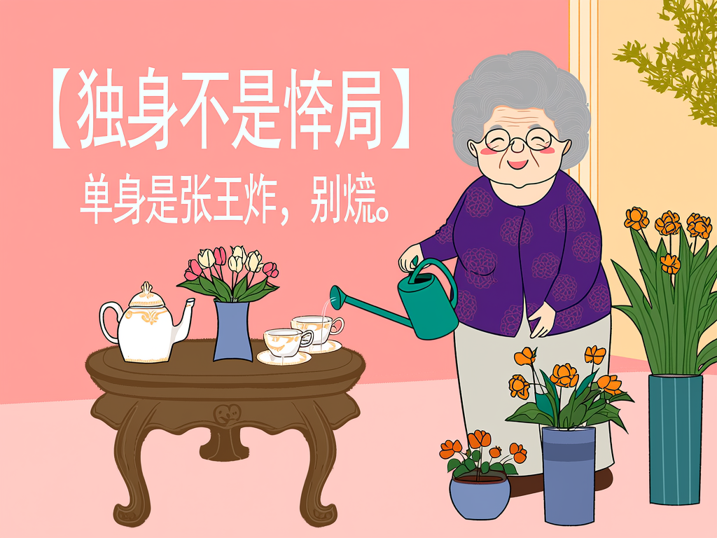 有一位戴着眼镜、头发灰白的老奶奶，她穿着紫色上衣，正在院子里浇花，有茶几，有鲜艳的鲜花。文字内容是“【独身不是残局】  
单身是张王炸，别慌。”，文字为白色细体手写风格。采用简洁的卡通插画风格，人物和物体的线条简单流畅，色彩明快且饱和度适中。以粉色为背景主色调，搭配人物和物体的多彩颜色，整体和谐具有视觉吸引力。 